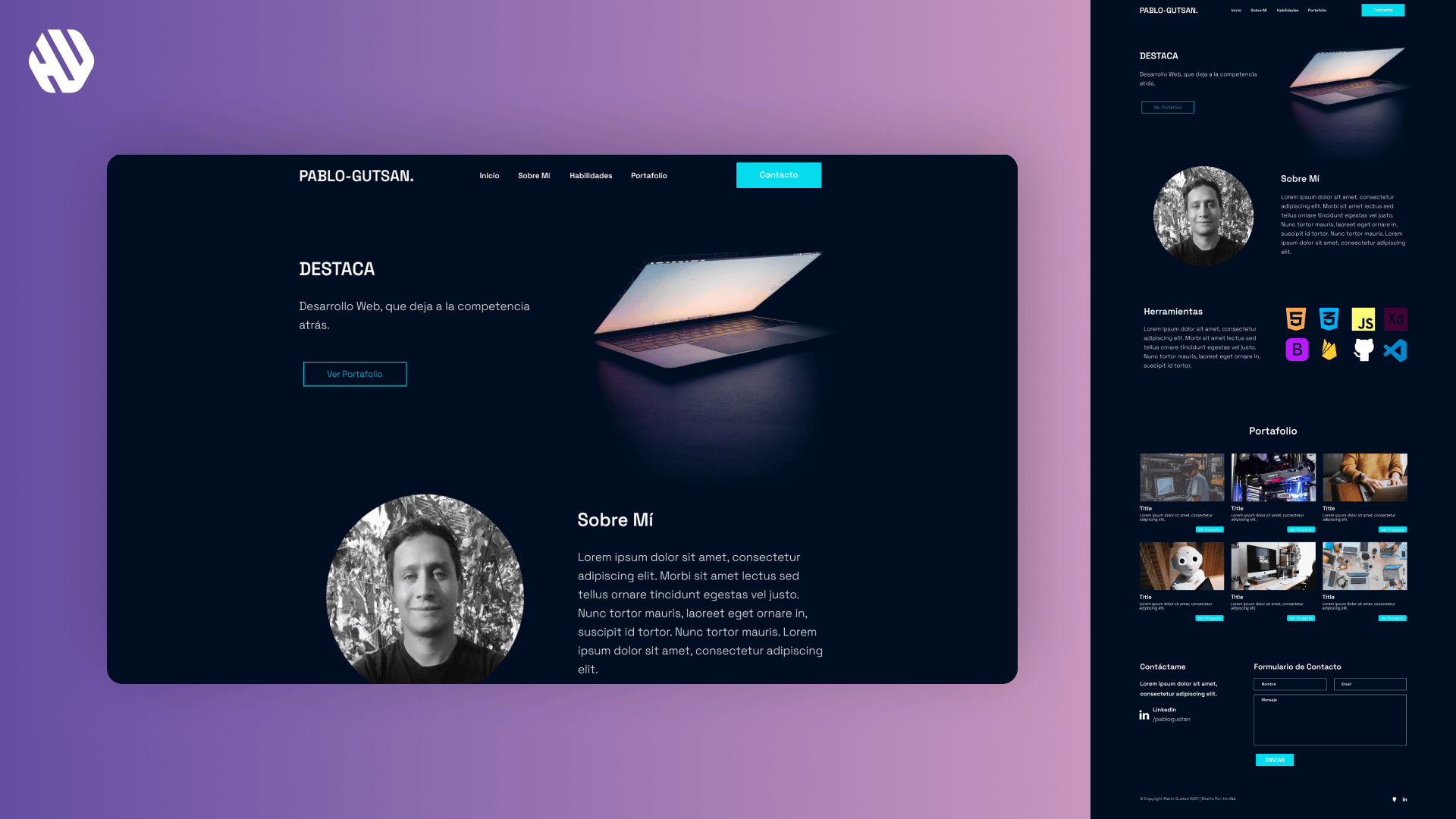 Web designer's personal branding website with dark theme and laptop image, by Pablo-Gutsan.